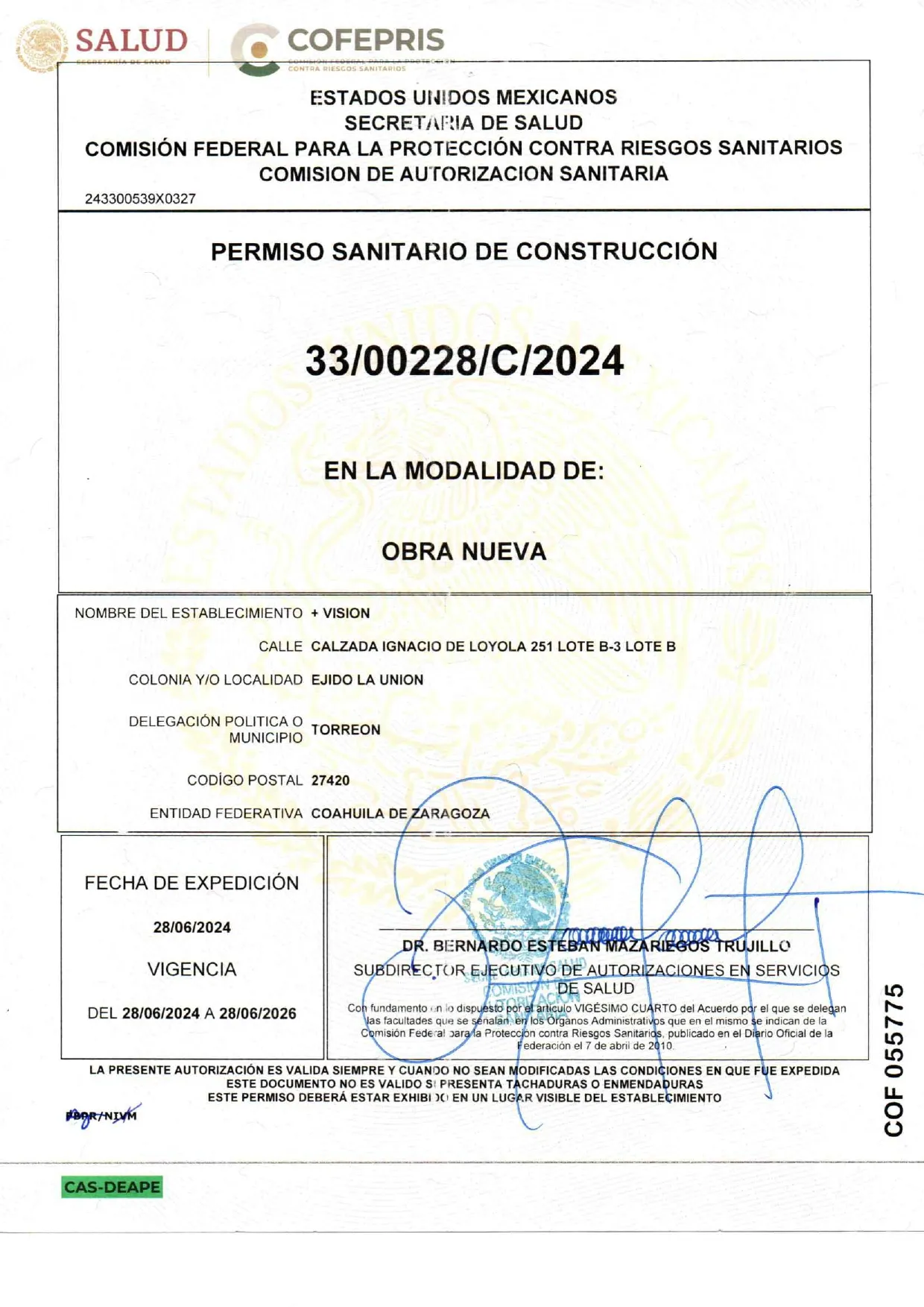 Permiso Sanitario de Construcción — Obra Nueva